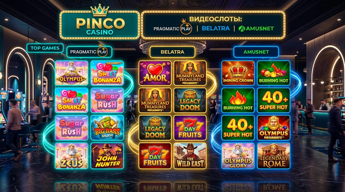 Лента видеослотов Pragmatic Play, Belatra и Amusnet в разделе казино Pinco