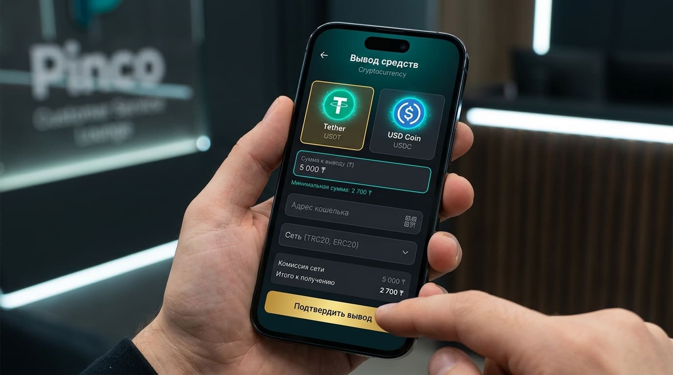 Форма вывода USDT и USDC с порогом от 2 700 ₸ в кассе Pinco